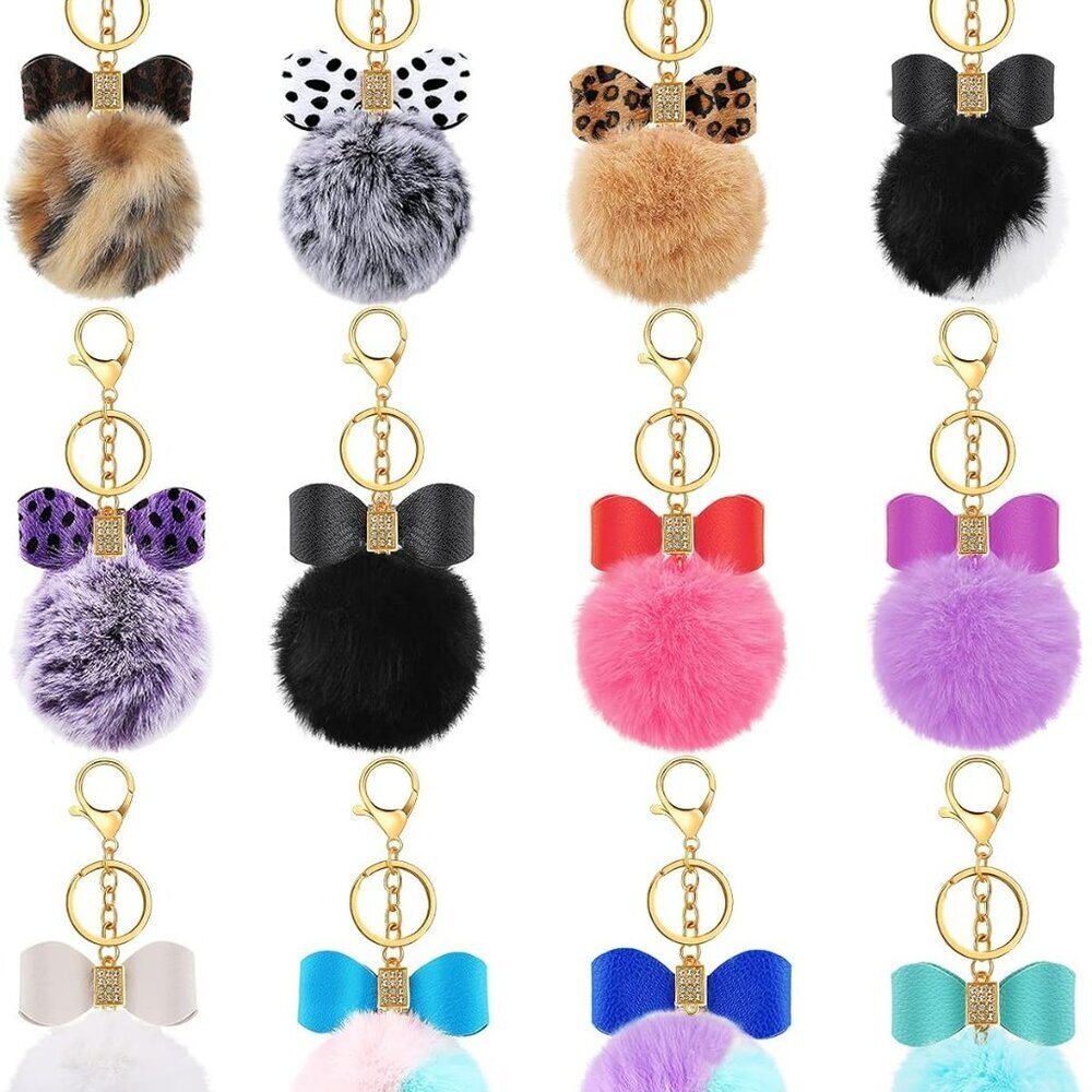 12 Pieces Fluffy Pom Pom Keychain Bulk Bow Rhinestone Faux Pompoms Keyring for W